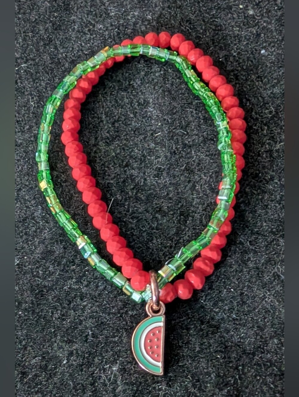 Red and Green Beaded Double-Strand Stretch Bracelet with Watermelon Charm